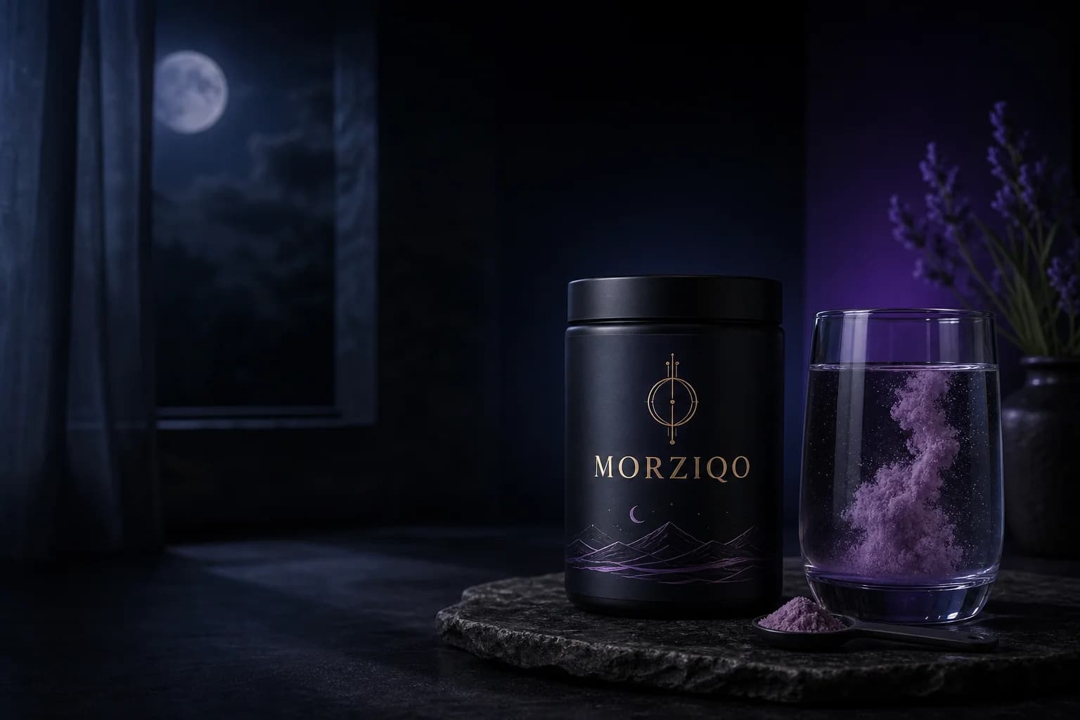 MORZIQO Sleep Powder beside a glass of water at night